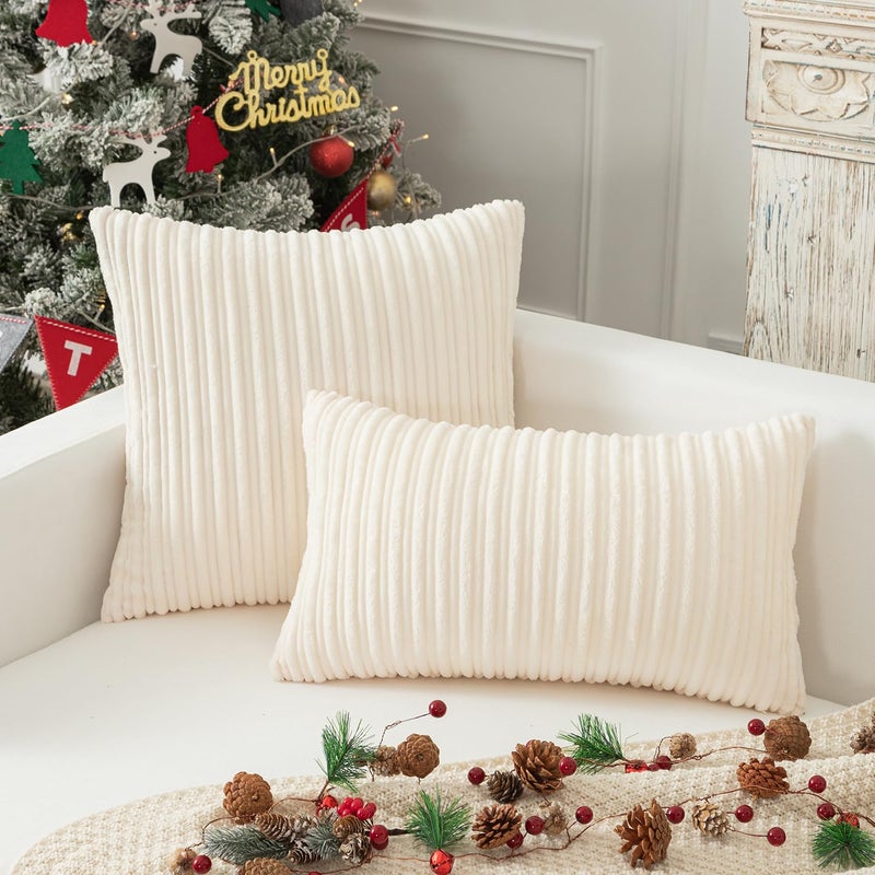 K KEVIN TEXTILE Kevin Textile Pack of 2, Christmas Soft Corduroy Soild Decorative Square Throw Pillow Covers Set Cushion Cases for Sofa Bedroom Car 18 x 18 Inch 45 x 45 cm, Creamy White - Image 4